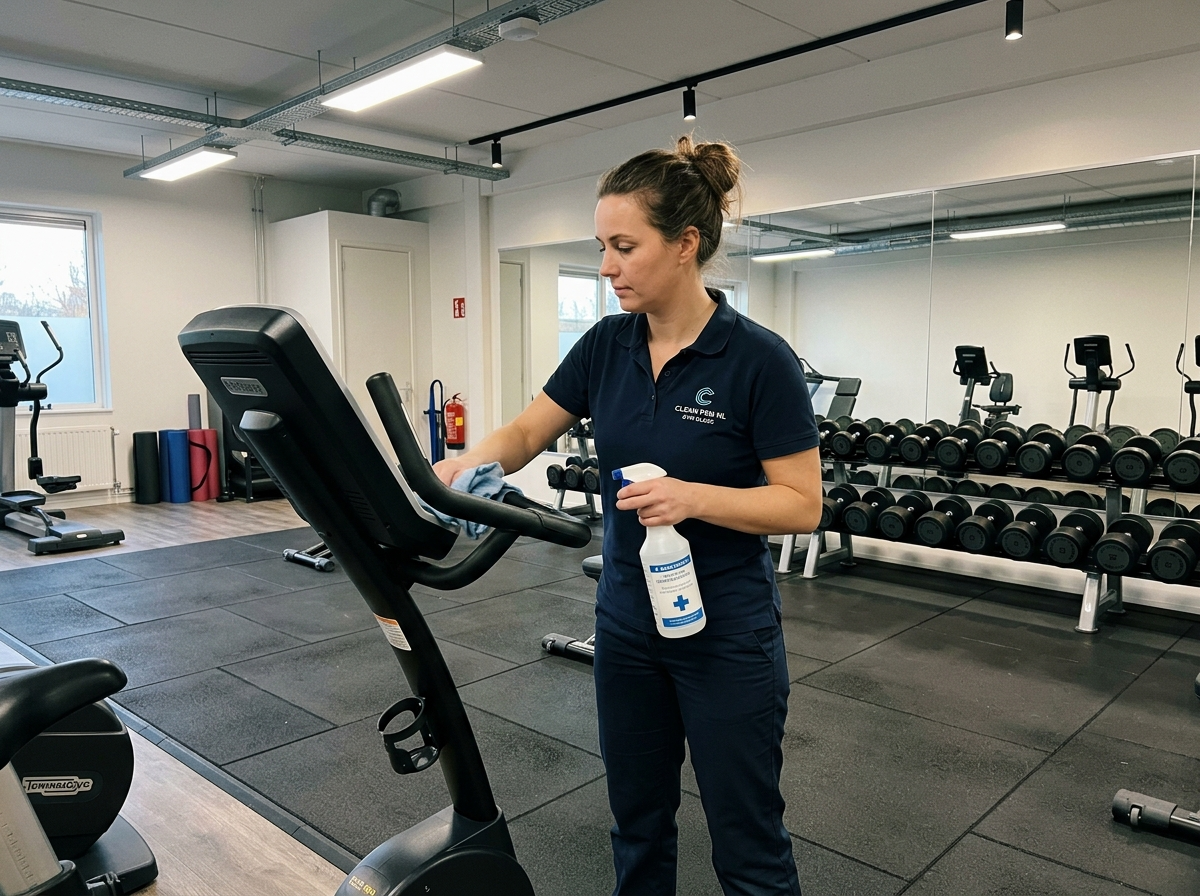 Schoonmaakmedewerker reinigt fitnessapparatuur in sportschool Groningen